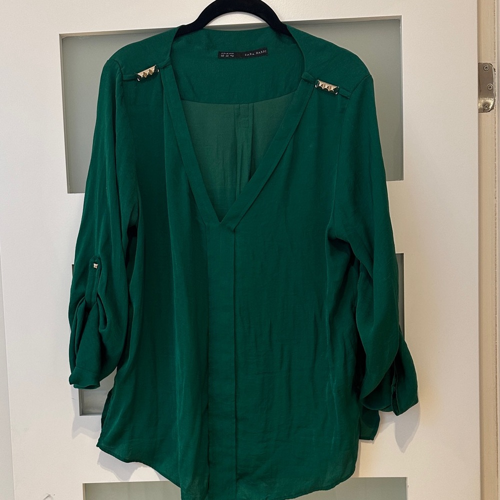 Zara Deep Green V-Neck Blouse